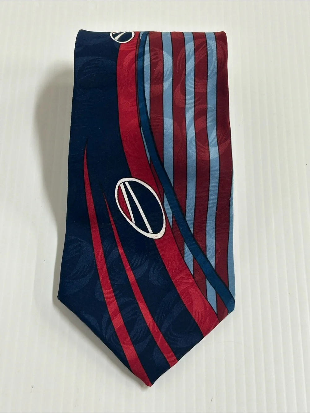 Pierre Balmain Paris Vintage Abstract Designer Tie Navy Blue Red Extra Long